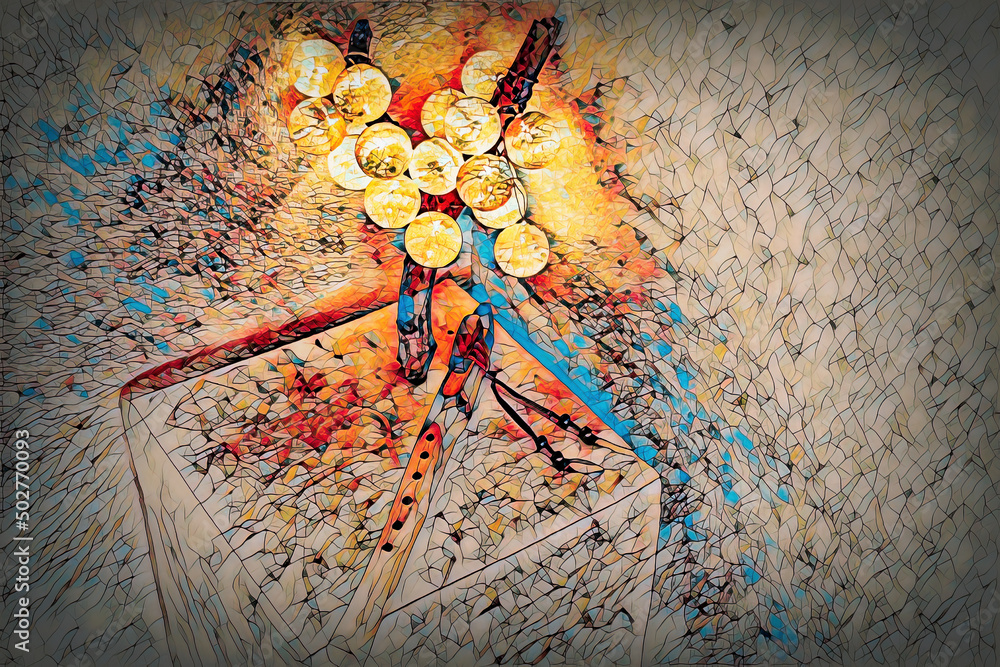 Leinwandbilder lamp with balls on woden stand and indian flute and mosaic structure.