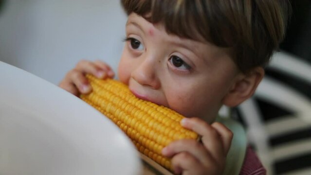 Child eating corn closeup face kid eats healthy snack