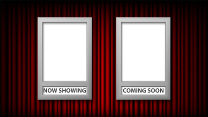 Movie poster frame template with now showing and coming soon, vector illustration - obrazy, fototapety, plakaty
