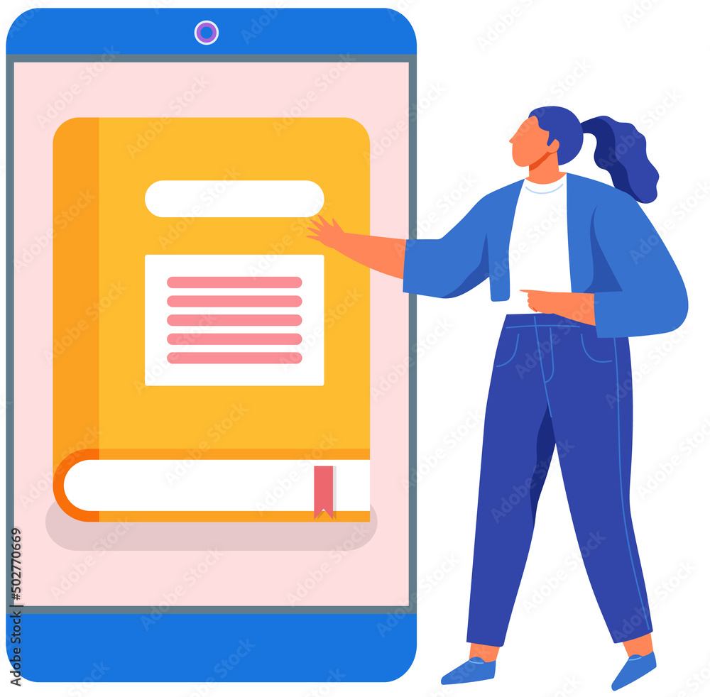 Poster lady uses application on smartphone to read books. electronic library in phone concept. woman readin