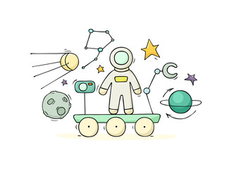 Cartoon astronaut on the rover and space objects