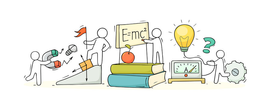 Sketch of physics lab with working little people