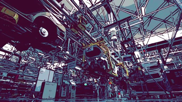 Car Assembly Plant with comic style - EV car and Old technology car