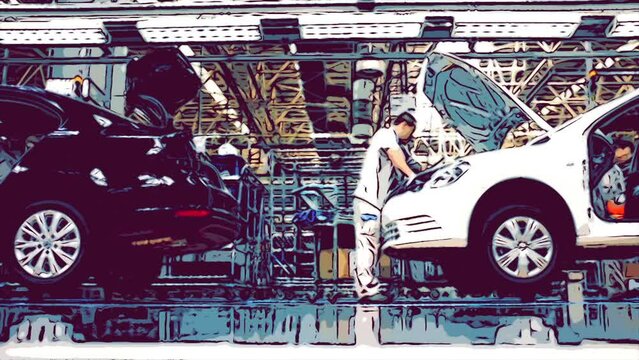 Car Assembly Plant with comic style - EV car and Old technology car