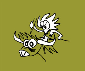 Cute prehistoric caveman jumping to hunt and kill a bull, ox. Cartoon basic style vector illustration.