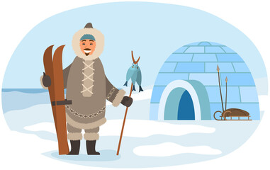Man in warm clothes living in Arctic vector illustration. Landscape with mountains, beautiful view of pole. Polar region nature, winter scenery. Eskimo with fish after fishing stands near igloo © robu_s