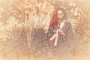 beautiful shamanic girl playing on indian flute in the nature and drawing efect. © jozefklopacka