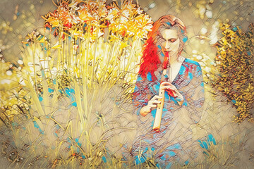 beautiful shamanic girl playing on indian flute in the nature. Painting effect. © jozefklopacka
