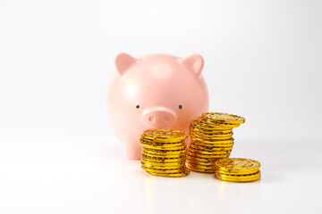 豚の貯金箱とお金を白背景で
