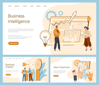 Business intelligence, vision statement, business mission landing page template set. Teamwork collaboration to achieve target. Project development strategy, company management, marketing research