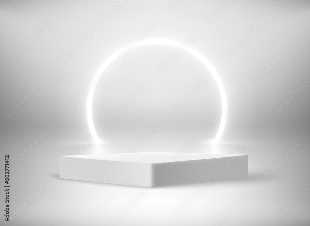 Poster white interior with neon illumination and podium. 3d vector showcase template