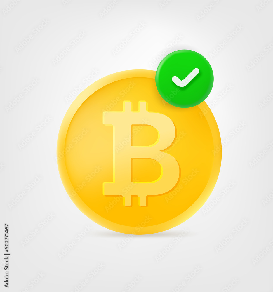 Poster golden bitcoin with green checkmark. 3d vector icon