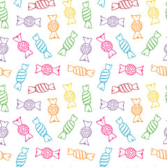 Candy seamless pattern. Outline colored sweets on white background. Vector illustration.