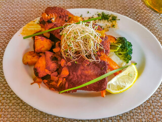 Food and drink in restaurant PapaCharly Playa del Carmen Mexico.