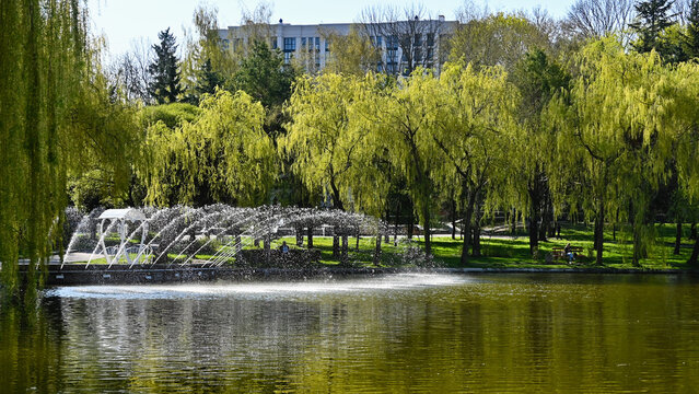 beautiful large fountain on the lake. arch for photo shoots near the fountain. splashes of water from fountain jets.