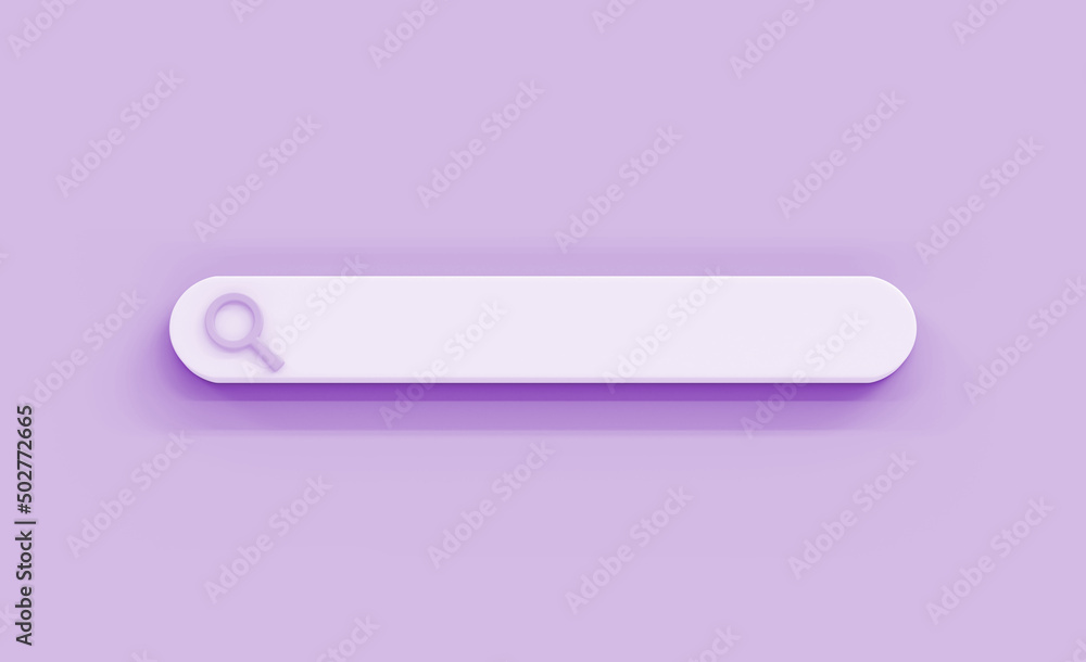 Poster search engine bar with magnifying glass icon on purple background. blank text input field on browser