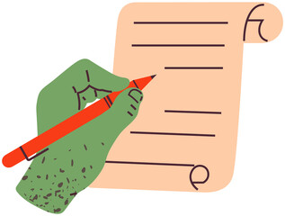 Human hand writes on scroll of paper, roll of parchment. Making records, ancient scripture creation concept. Person makes notes on rolled sheet of paper. Hand holds pen and writes on parchment