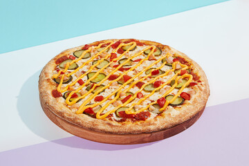 Italian pizza with chicken and pickled cucumber on coloured background. Cheese pizza with chicken in minimal style on purple and blue colours. American pizza delivery concept with color backdrop