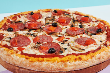 Italian pizza with salami, mushroom, black olives on coloured background. Meat pizza with salami and olives minimal style on blue and purple color. American pizza delivery concept with color backdrop