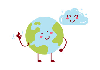 Planet Earth and Cloud Cartoon characters. Vector illustration