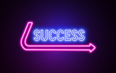 Neon sign saying success with an arrow under it with blue and pink color on a black background. Useful for corporate, consulting or motivational presentations. 
