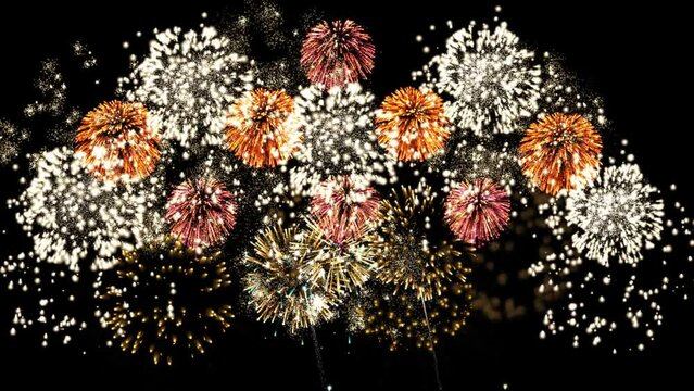 real fireworks background. golden shining fireworks with bokeh lights in night sky. glowing fireworks show