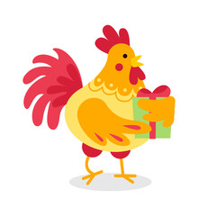 Cartoon rooster holding present. Vector illustration