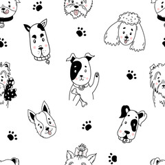 Linear Seamless pattern with portraits of cute domestic dogs of different breeds on white background with paw prints. Vector illustration in hand drawn linear doodles for design and decoration