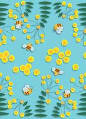 Cartoon bee. Funny inspirational background with flying bees in the flat vector style. Honeycomb.