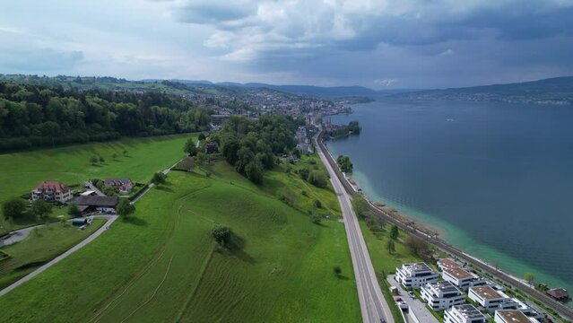 Aerial view on a cloudy summer day in Richterswil by the lake of Zurich