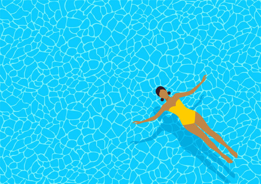 A woman in a yellow swimsuit floating relaxed on her back in the pool