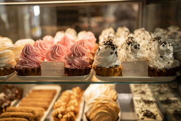 Showcase with cakes and pastries in the store. Cakes and pastries for every taste in the showcase. cake creame basket in display window of pastry shop. Variety of cakes and desserts on cafe
