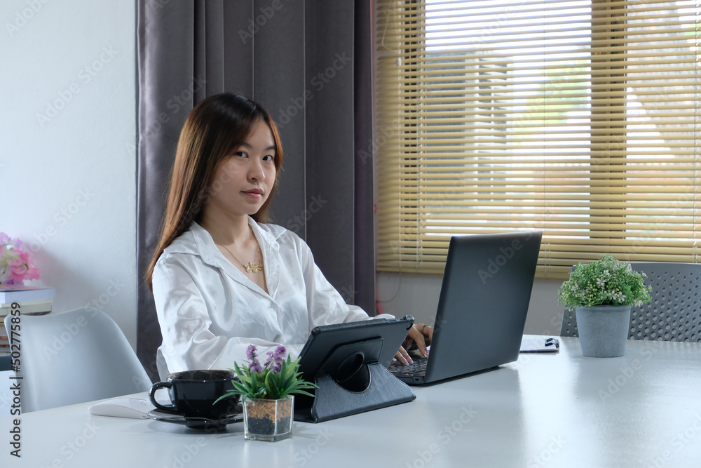 Poster woman is using a computer laptop. online live chat chatting on an application communication website 
