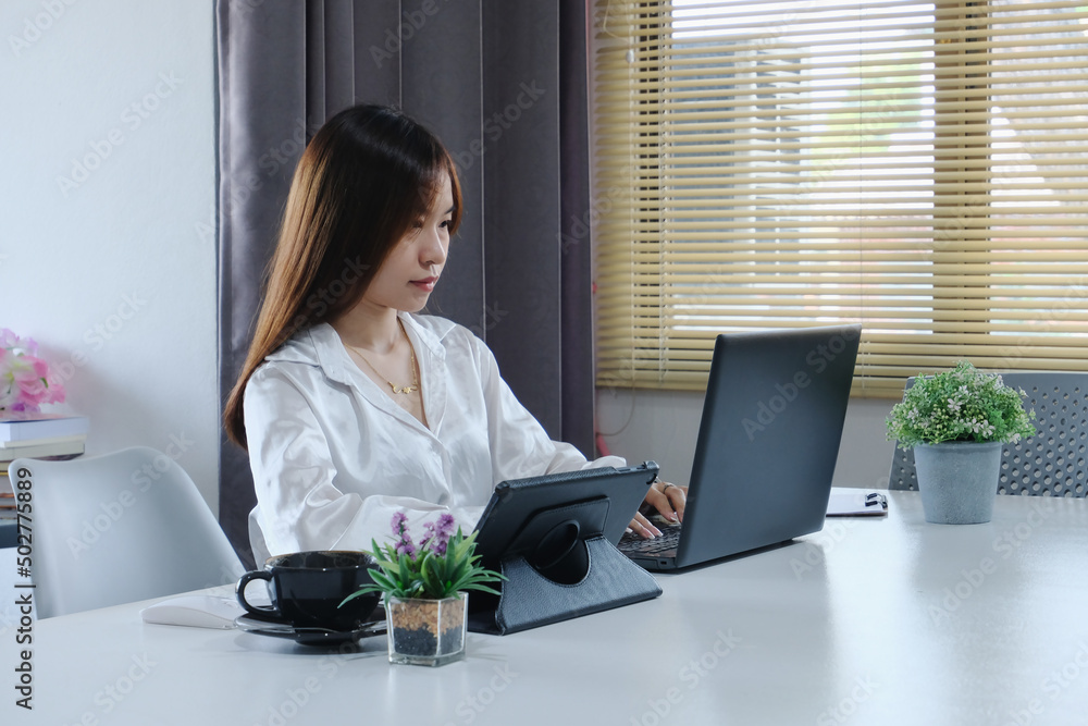 Poster woman is using a computer laptop. online live chat chatting on an application communication website 