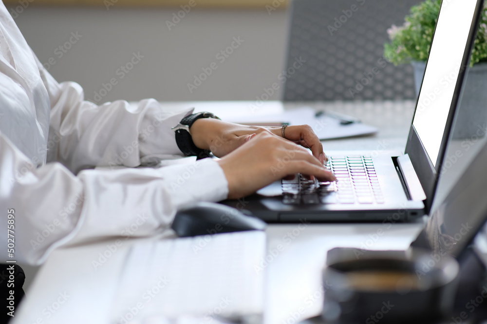 Sticker Businessman using smart phone and laptop at office. Businessman or student working on computer and texting smartphone. Freelance, education and technology concept