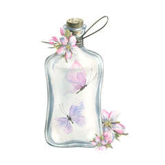 Watercolor illustration of a butterfly in a glass bottle with apple blossoms in pink and lilac tones. A delicate composition for the decoration and design of souvenirs, posters, postcards, prints.