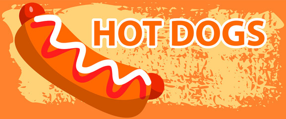 Hot dog logo template, emblem for cafe, restaurant or food delivery service. American fast food advertising lettering. Sausage in dough icon, label design, tag or sticker vector illustration