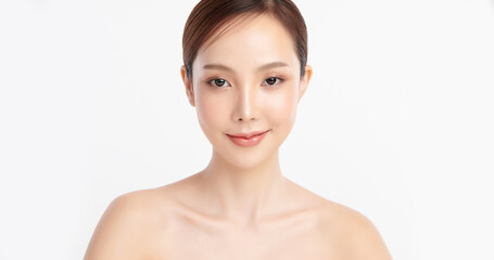 Beautiful young asian woman with clean fresh skin on white background, Face care, Facial treatment, Cosmetology, beauty and spa, Asian women portrait.