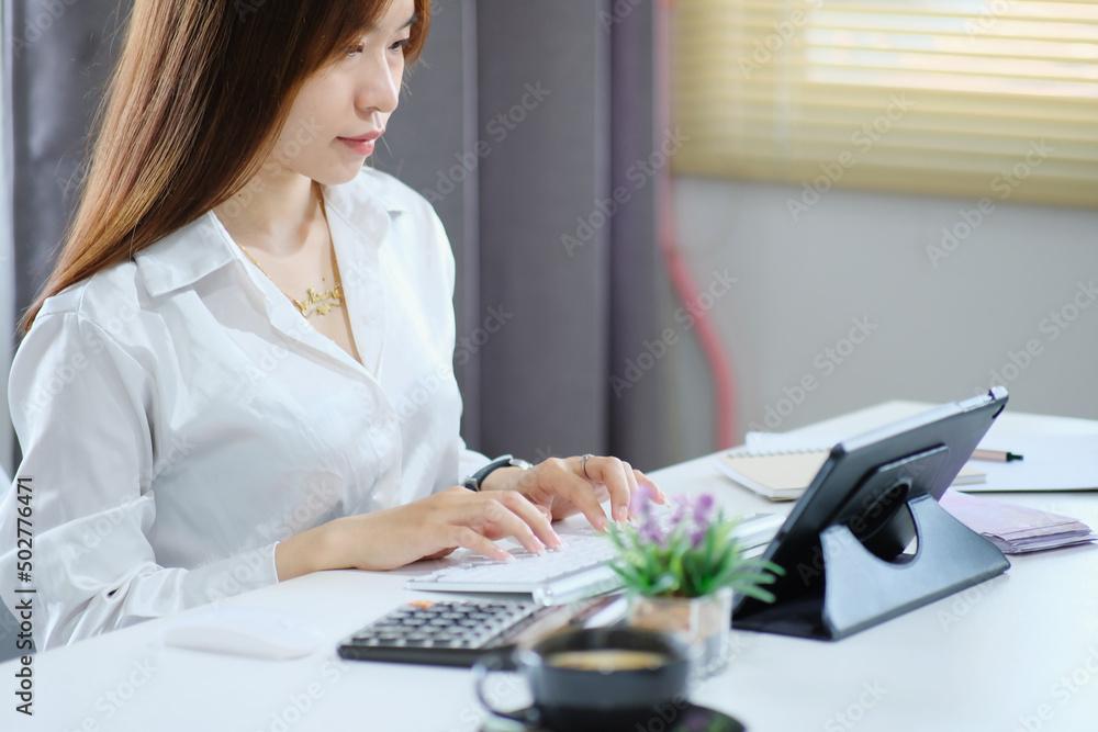 Poster woman is using a computer laptop. online live chat chatting on an application communication website 