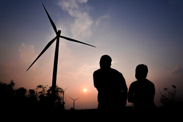 Large wind turbines used to generate electricity in the mountains in Thailand