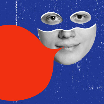 Contemporary art collage. Young man in superhero mask isolated over blue background with red speech bubble