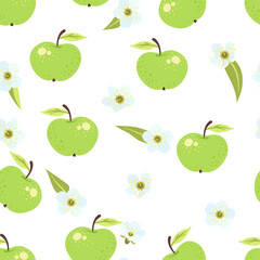 Seamless cute green apple pattern with fruits, leaves, white flowers background. Vector illustration summer cover, wallpaper texture, wrapping backdrop, vintage packaging.