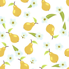Seamless cute summer autumn pear pattern with fruits, leaves, white flowers background. Vector illustration cover, wallpaper texture, wrapping backdrop, vintage packaging.