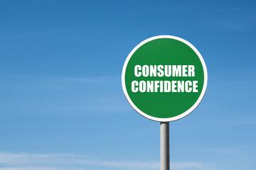 'Consumer confidence' sign in green frame. Blue sky is on background