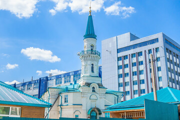 Panorama of historical building and minaret of Pink Mosque in Kazan, Russia. Built in 1906. Named...