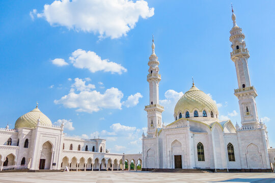 Panorama of the White Mosque building in Bolgar, Russia. Blue sky is on background