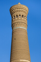 Close view of the upper part of the Kalyan minaret. Shot in Bukhara, Uzbekistan