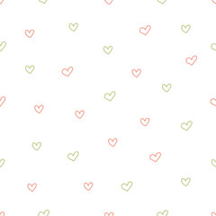 Floral seamless pattern pink and green hearts on white background. Hand drawn  vector illustration.  Great for fabrics, wrapping papers, wallpapers, covers.