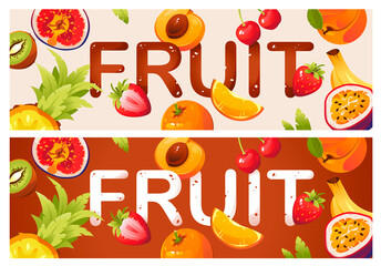 Fresh fruits and berries banners. Vector illustration with tropical summer fruits.