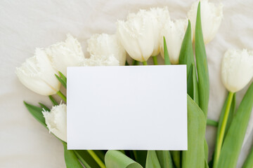 Business card mock up, name card, place card, wedding invitation mock up. White flowers bouquet. Florist mock up